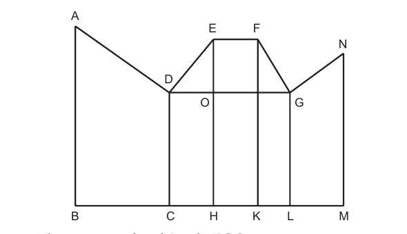 Composite rectilinear figure with vertices A, D, E, F, G, N above base B, C, H, K, L, M, used for the angle FGO and area-ratio questions