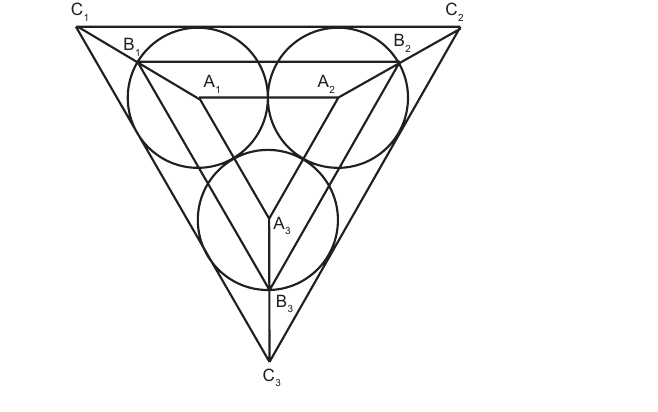 Three equal circles touching each other, inscribed in a large triangle C₁C₂C₃; the centres A₁A₂A₃ form the inner triangle and B₁B₂B₃ the middle triangle