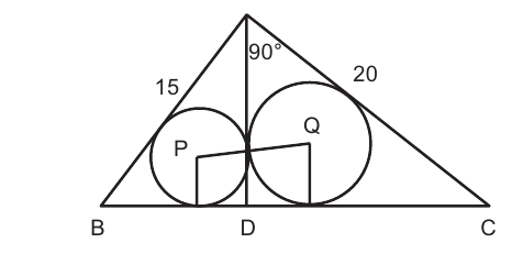 Right triangle BAC with right angle at apex A, AB = 15, AC = 20; altitude AD to base BC; two circles inscribed in triangles ABD and ADC with centres P and Q